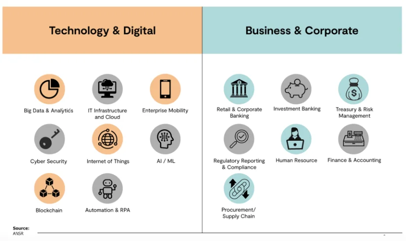 Structure of a Global Capability Center (GCC) divided into Technology & Digital Functions and Business & Retail Functions