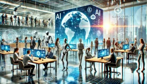 Illustration of people working in an office in the era of AI