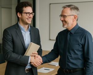 candidate who's learning with the internal academy of his company is shaking hands with his manager