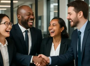 Different race people welcoming and shaking hands with each other
