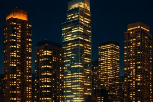 Tall buildings in night depicting state of the art global capability centers
