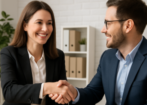 SMEs winning the talent war depicted by an HR girl shaking hands with a boy candidate