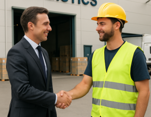 CEO shaking hands with Warehouse manager to consolidate it's vendors shipment