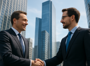 capability center as a service illustration with 2 businessmen striking a partnership deal