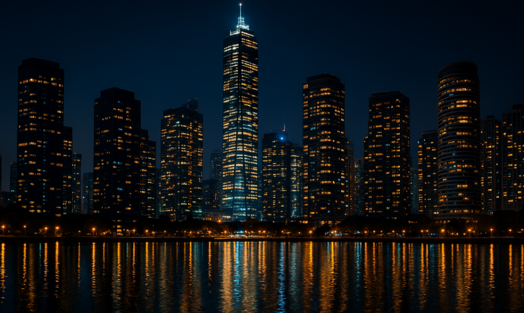 Enlightened building at night showcasing development