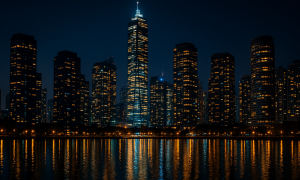Enlightened building at night showcasing development