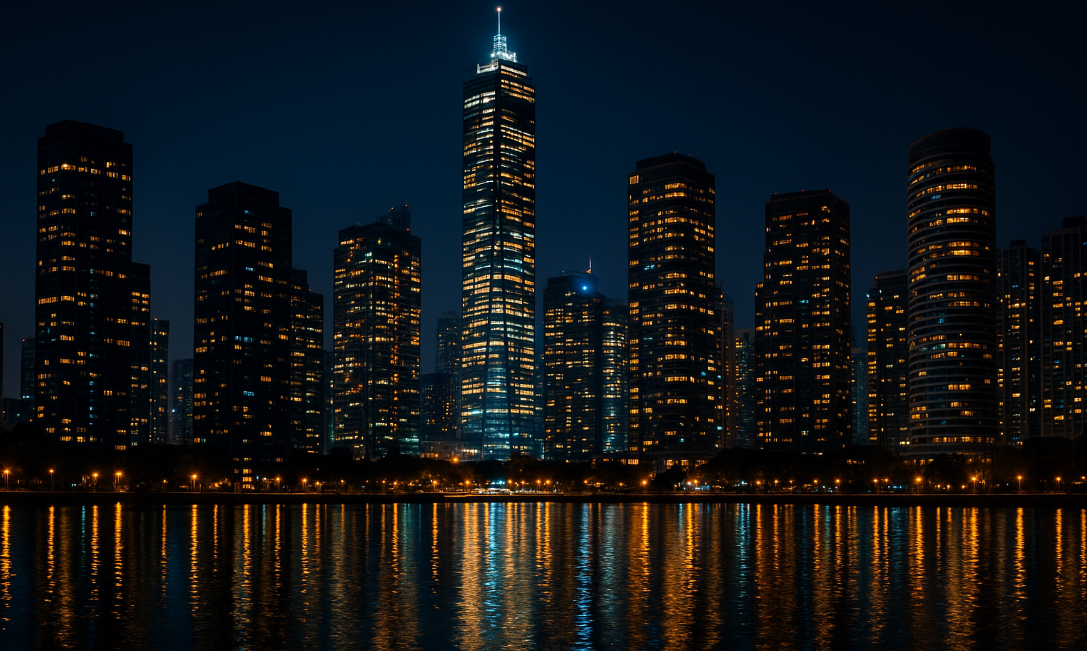 Enlightened building at night showcasing development
