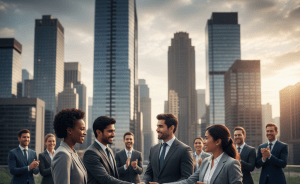 How to hire a nearshore partner depicted by many corporate people signing a deal of partnership