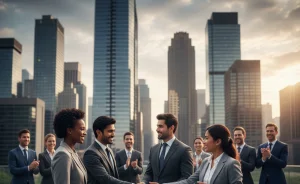 How to hire a nearshore partner depicted by many corporate people signing a deal of partnership