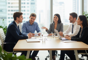 Interviewee in a room sitting with interviewers