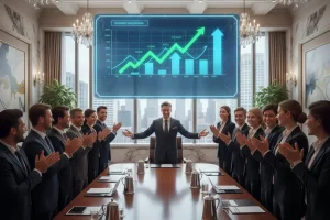 depiction of measuring GCC's impact by a shareholder showcasing profits to his employees in a lavish office meeting room