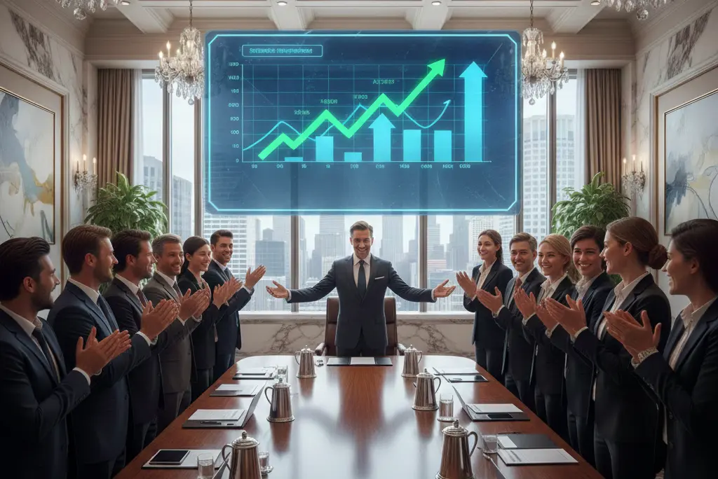 depiction of measuring GCC's impact by a shareholder showcasing profits to his employees in a lavish office meeting room