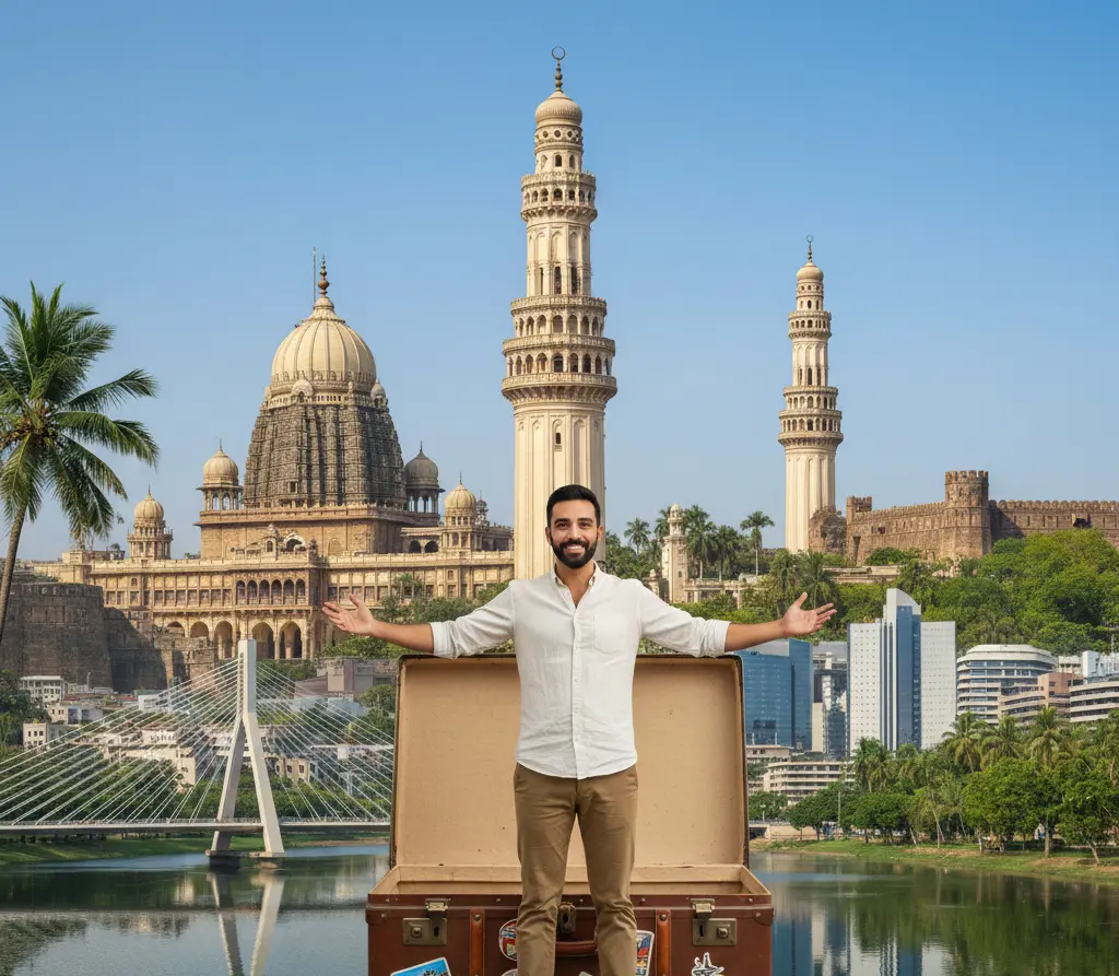 A person standing infront of major tourist attractions of Hyderabad provoking to invest in the city