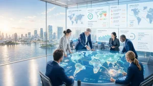 Futuristic Supply Chain Command Center with Holographic World Map and Real-Time Risk Dashboards
