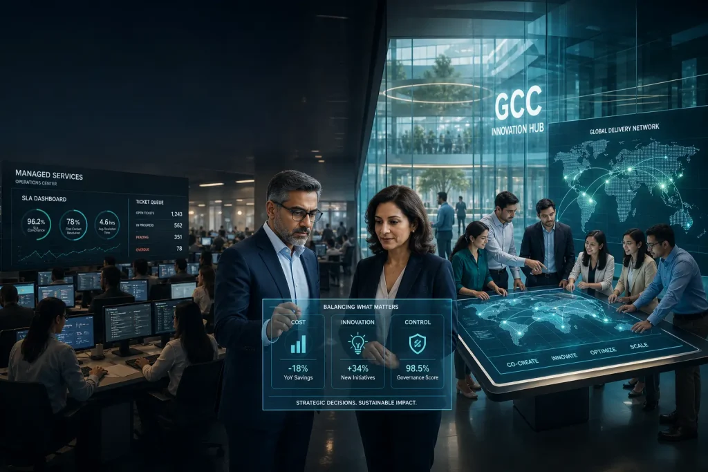 Futuristic Split Workspace Showing Traditional Managed Services on One Side and a Bright GCC Innovation Hub with a Global Best Sourcing Map on the Other