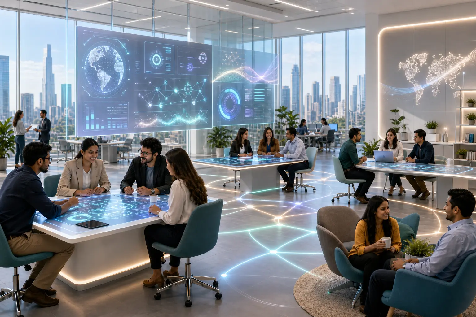 Ultra-realistic, bright GCC workspace showing diverse teams collaborating in capability clusters, connected by glowing lines that represent an integrated talent and culture architecture
