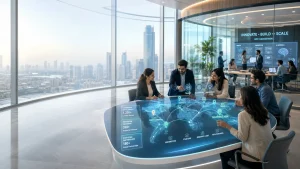 Futuristic GCC Innovation Hub Connecting Global Talent, Startups, and Universities Through a Digital Ecosystem Map