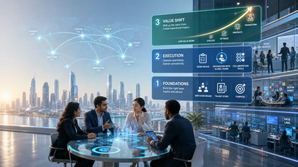Futuristic Global Capability Center Showing Talent Foundations, Integration, and an Upward Shift Along the Value Chain