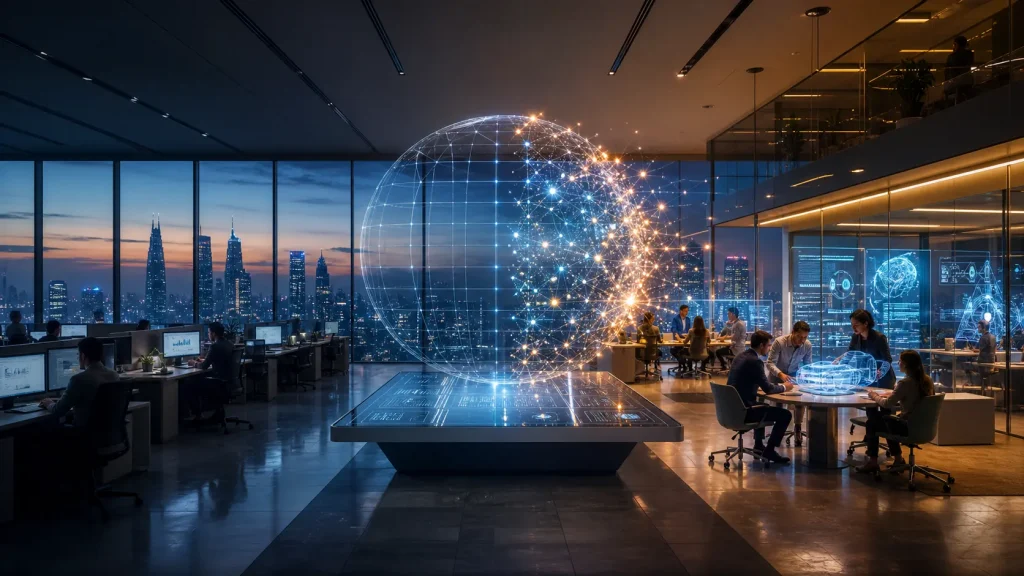 Futuristic Global Capability Center Floor Transitioning from Traditional Operations to a Bright, Collaborative Innovation Hub