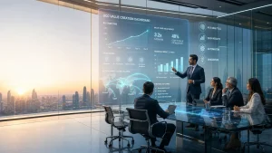 Futuristic CFO-Led Boardroom Analyzing Global GCC Network, ROI Dashboards, and Innovation Metrics