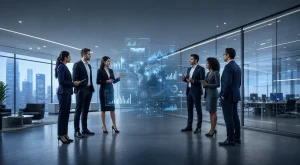 Futuristic open-plan GCC office with glass partitions where a diverse group of formally dressed business leaders stand in discussion around a floating cluster of holographic digital dashboards.
