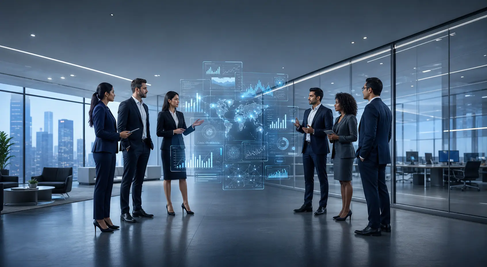 Futuristic open-plan GCC office with glass partitions where a diverse group of formally dressed business leaders stand in discussion around a floating cluster of holographic digital dashboards.