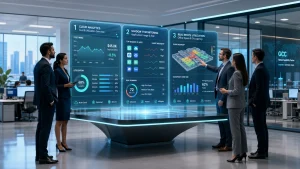 Illustration of GCC leaders reviewing dashboards that highlight cloud spend, Shadow IT usage, and real‑estate utilization as part of a FinOps cost optimization audit