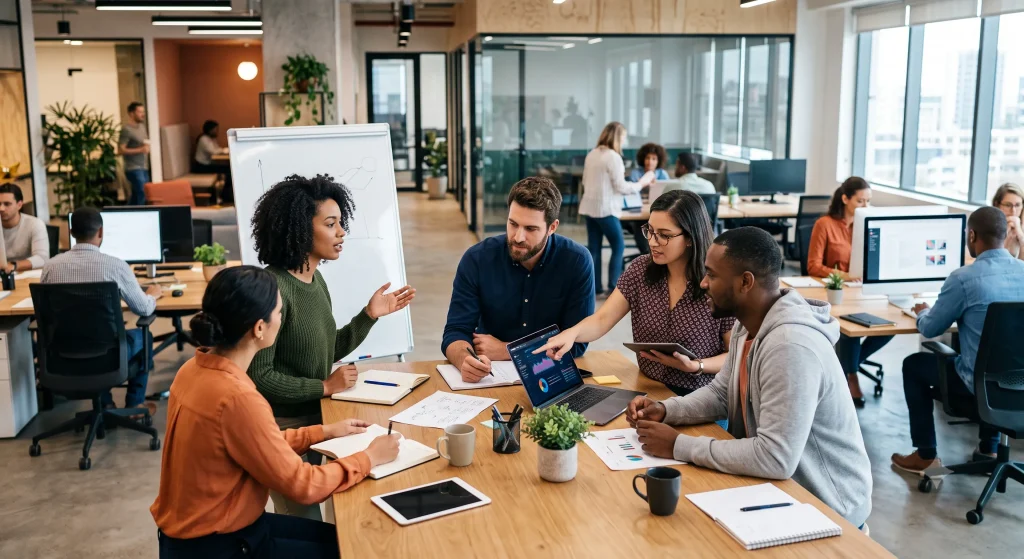 Employees working in an office setup and having a discussion