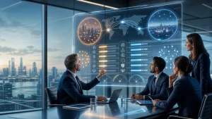UK business leaders review a visual decision matrix comparing two connected global delivery hubs for nearshore and offshore operations.