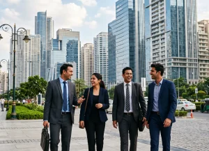 image with office people chatting infront of their office buildings