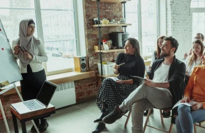 Employer of record illustration with people working in office and a lady guiding them